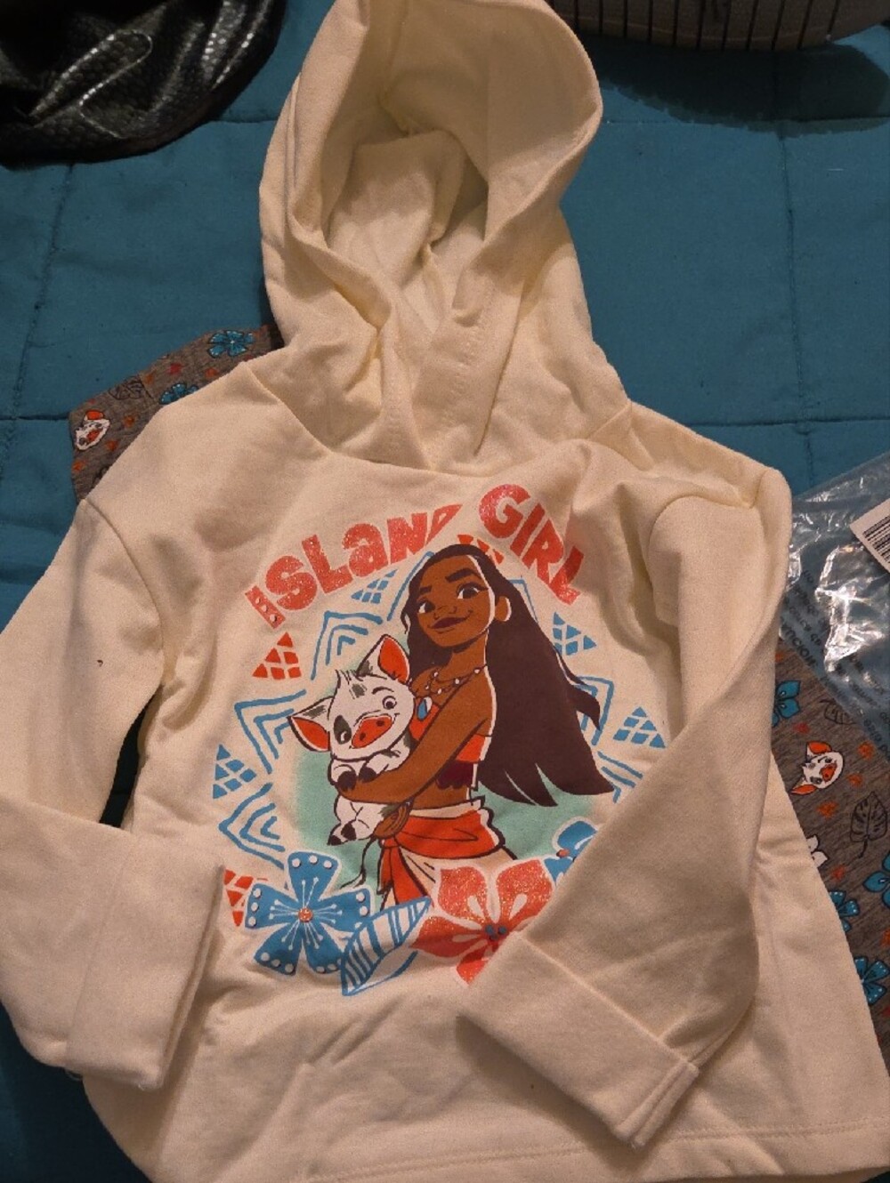 Disney Cream Island Girl Graphic Hoodie Outfi W/Pants with Blue and Red Accents